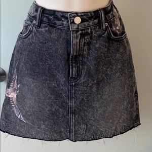 All Saints Bird Embroidered Grey Denim Skirt